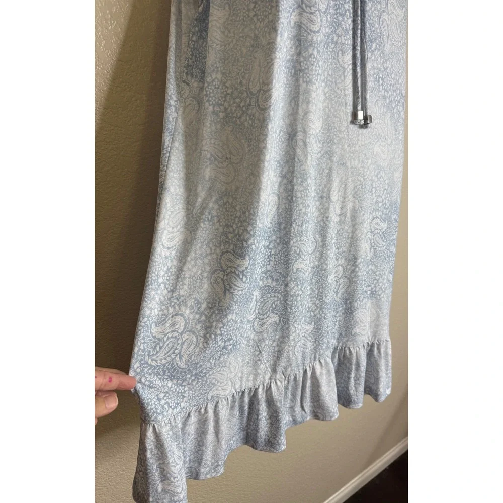 Michael Kors MMK L Shift Dress Blue White Paisley Ruffle Hem Sleeveless Tie Neck